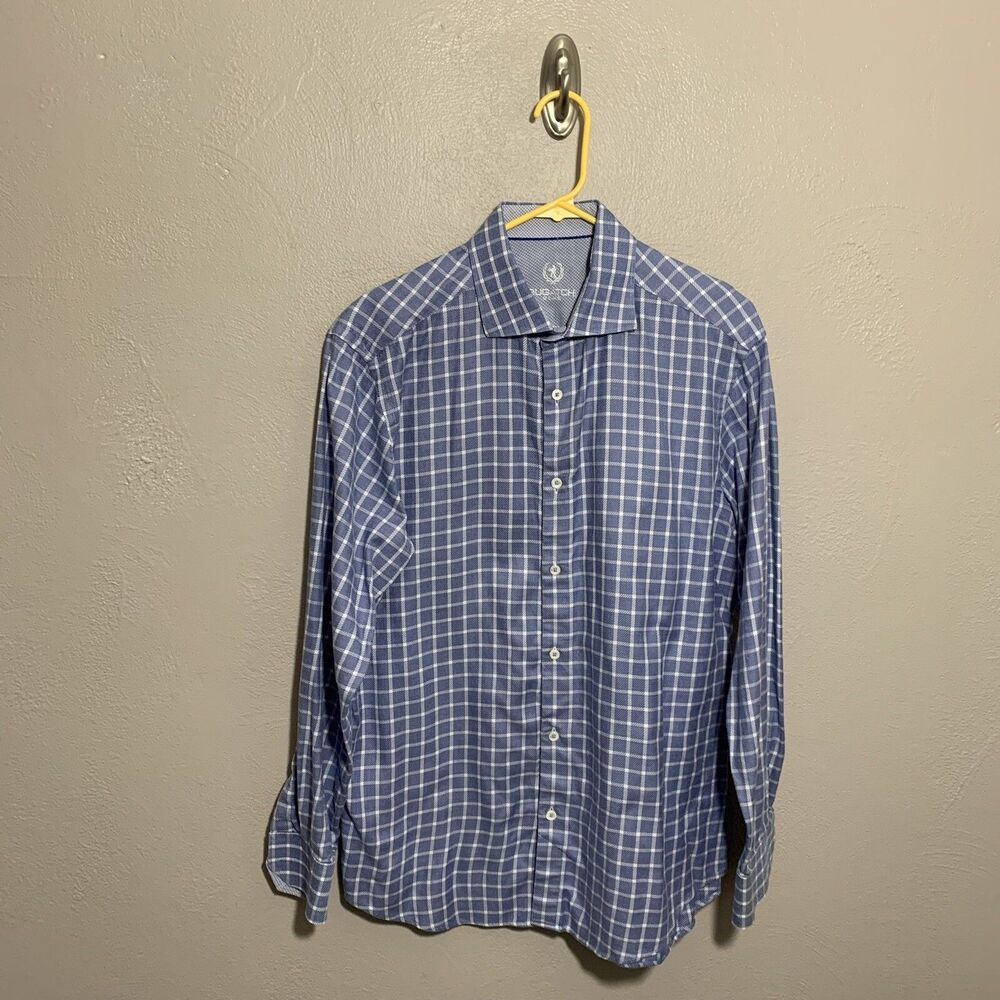 Bugatchi Uomo Mens Plaid Shirt  Button Down Blue White Sz 16 1/2 34/35